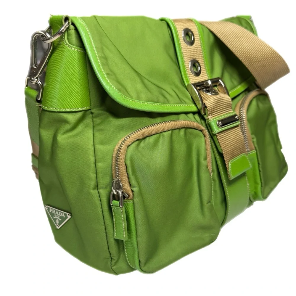 Prada Vintage 2000’s Authentic Large Tessuto Buckle Cargo Shoulder Bag Green - Picture 3 of 10